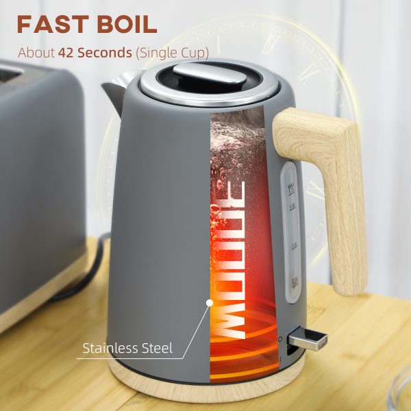 HOMCOM 1.7L Electric Fast Boil Kettle and 2 Slice Toaster Set, Grey - Image 3