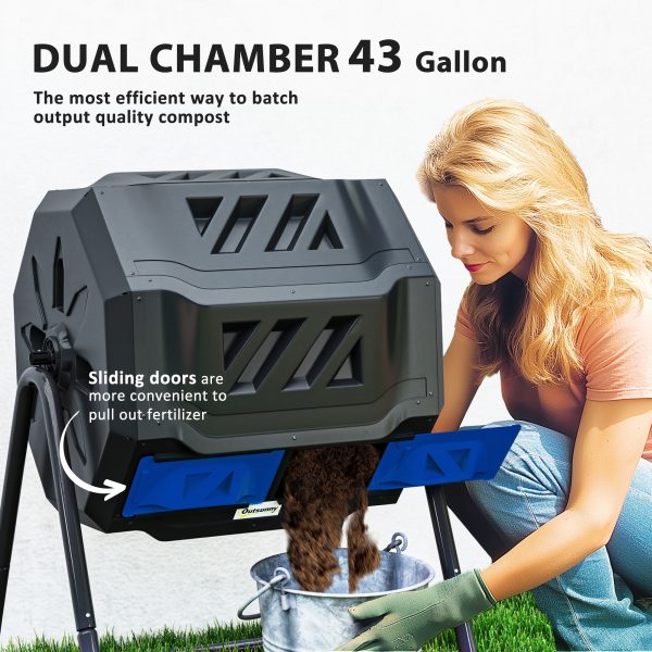 Outsunny 160L Outdoor Tumbling Compost Bin with Dual Chamber, Blue - Image 3