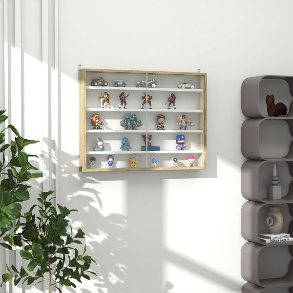 HOMCOM 5-Tier Wall Display Shelf Unit Cabinet w/ Shelves Glass Doors Natural - Image 2