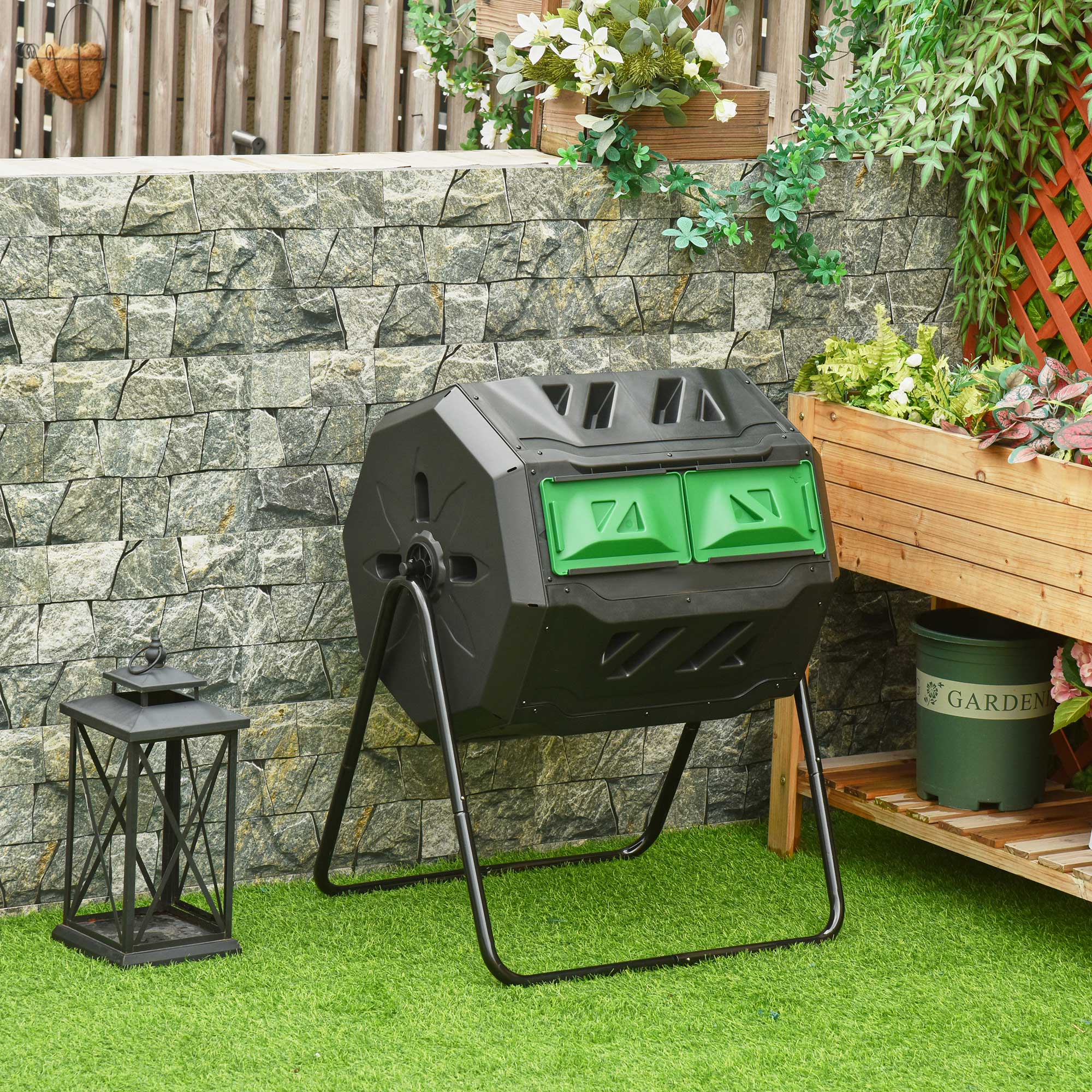 160L Outdoor Tumbling Compost Bin w/ Dual Chamber, Sliding Doors, Black - Image 2