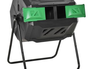 160L Outdoor Tumbling Compost Bin w/ Dual Chamber, Sliding Doors, Black