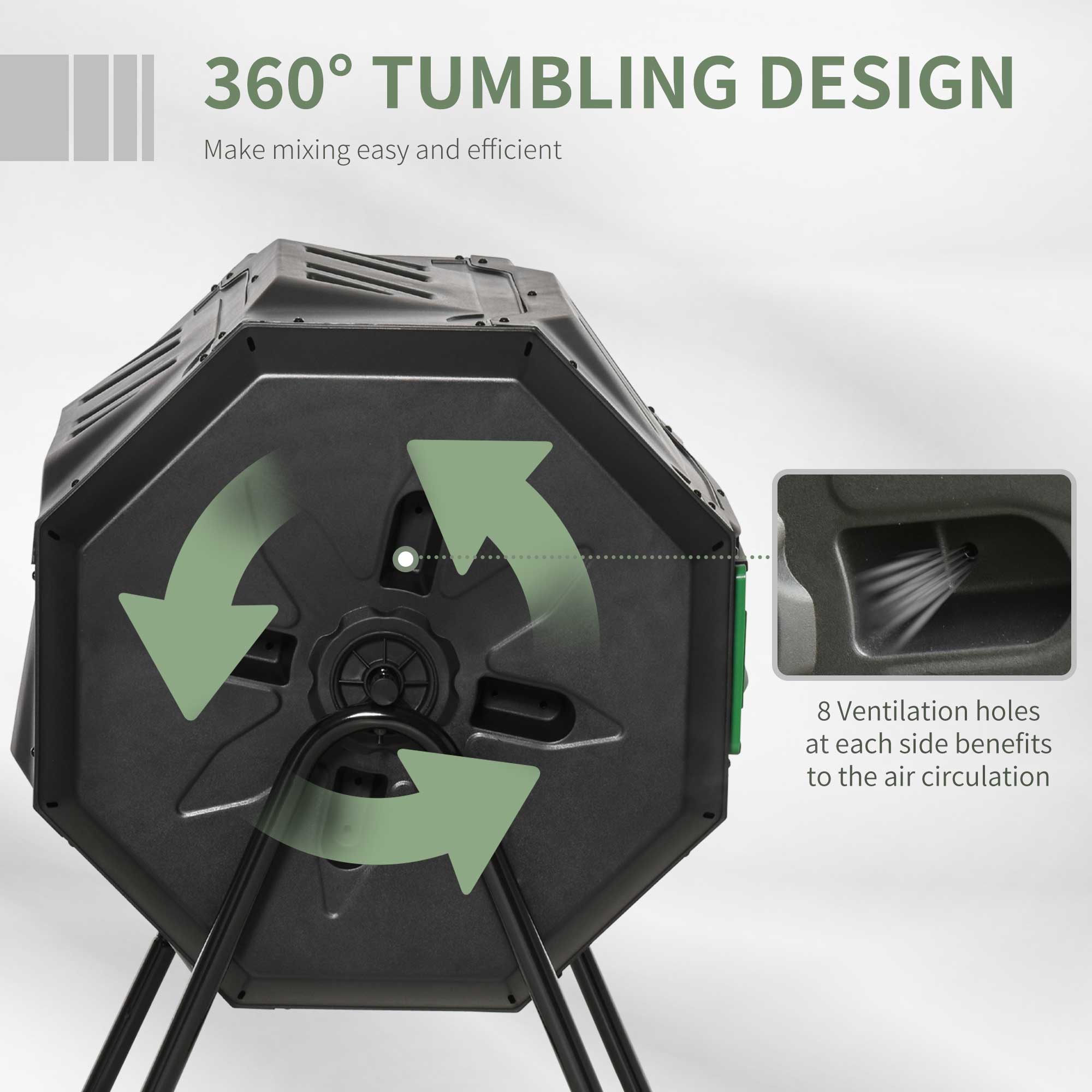 160L Outdoor Tumbling Compost Bin w/ Dual Chamber, Sliding Doors, Black - Image 4