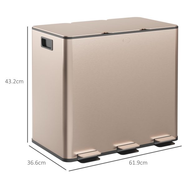 HOMCOM 3 x 15L Triple Kitchen Bin Pedal Bin for Recycling and Waste, Gold Tone - Image 5