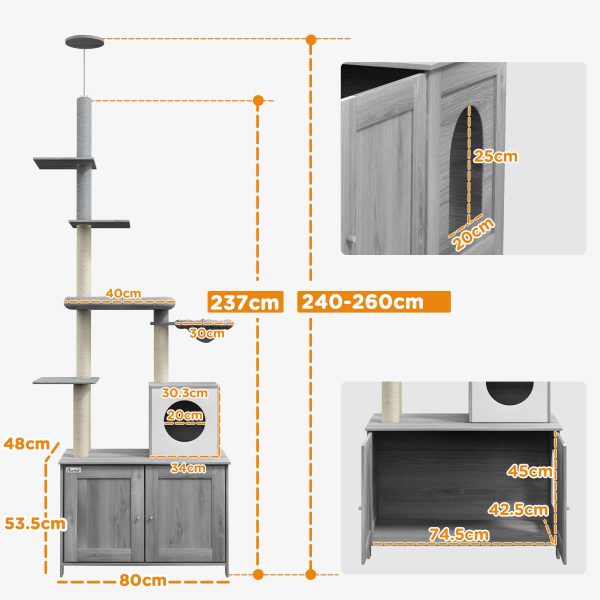 PawHut 2 in 1 Hidden Litter Box with Floor to Ceiling Cat Tree, Indoor, Grey - Image 8