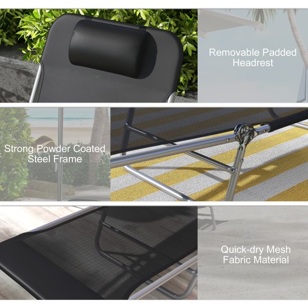 Outsunny 2 Pieces Sun Loungers Foldable Reclining Chair with Headrest Black - Image 4
