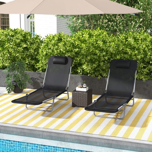 Outsunny 2 Pieces Sun Loungers Foldable Reclining Chair with Headrest Black - Image 2