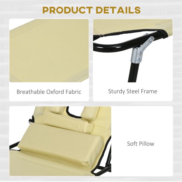 Outsunny Folding Sun Lounger Set of 2 Reclining Chair with Reading Hole Beige - Image 8