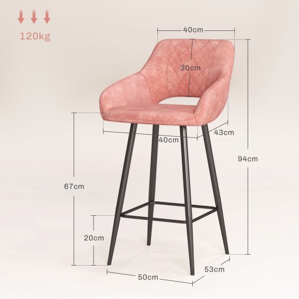 HOMCOM Bar Stools Set of 2, Velvet-Touch Fabric Counter Height Bar Chairs Pink - Image 3