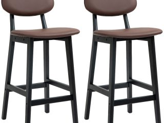 HOMCOM Breakfast Bar stools Set of 2 with PU Leather Cover, Wood Legs, Brown