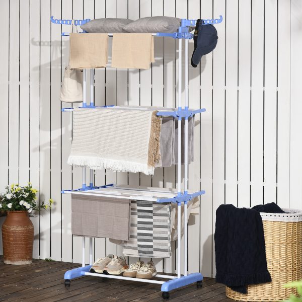 HOMCOM Foldable Clothes Drying Rack Steel Garment Dryer with Casters Blue - Image 2