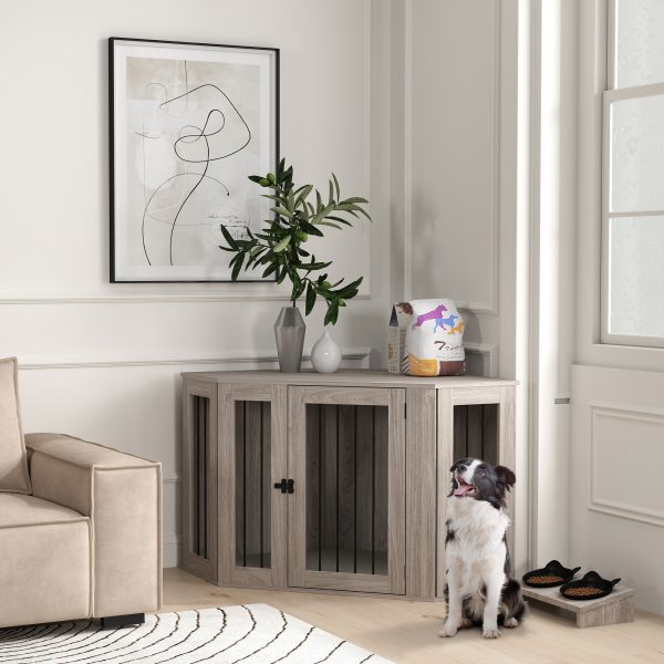 PawHut Dog Crate Furniture for Large Dogs w/ Cushion, Door - Walnut Brown - Image 2