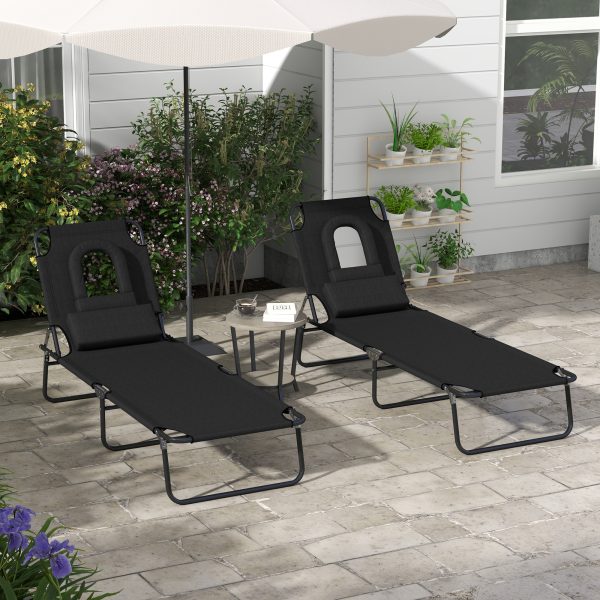 Outsunny Folding Sun Lounger Set of 2 Reclining Chair with Reading Hole Black - Image 3