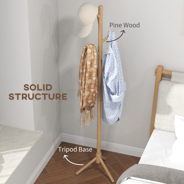 HOMCOM Coat Rack Bamboo Coat Stand with 8 Hooks for Handbags, Natural - Image 5
