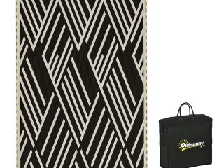Outsunny Reversible Outdoor Rug with LED String Lights, Black and Coffee