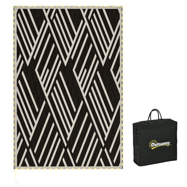 Outsunny Reversible Outdoor Rug with LED String Lights, Black and Coffee
