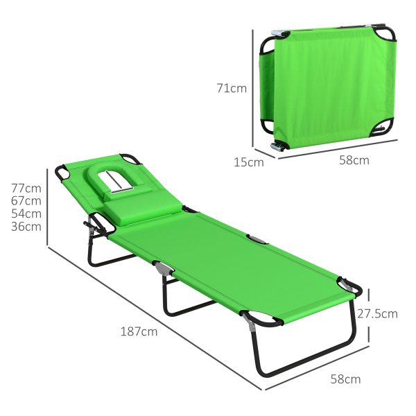 Outsunny Folding Sun Lounger Set of 2 Reclining Chair with Reading Hole Green - Image 5