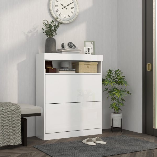 HOMCOM Wall Mounted or Freestanding Shoe Cabinet with 2 Flip Drawers, White - Image 2