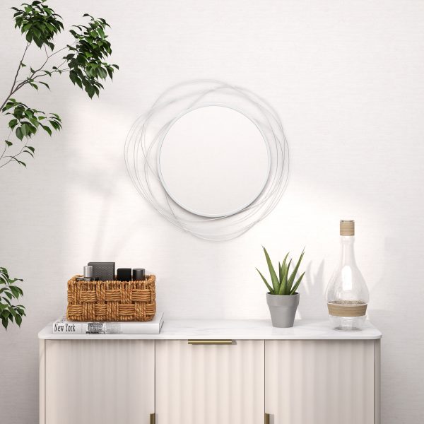 HOMCOM Metal Wall Art 65cm Round Mirror for Living Room Dining Room Silver - Image 2