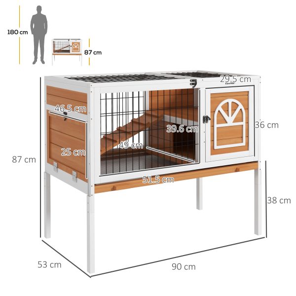 PawHut Wooden Rabbit Hutch, Elevated Guinea Pig Cage w/ Openable Roof, Yellow - Image 5