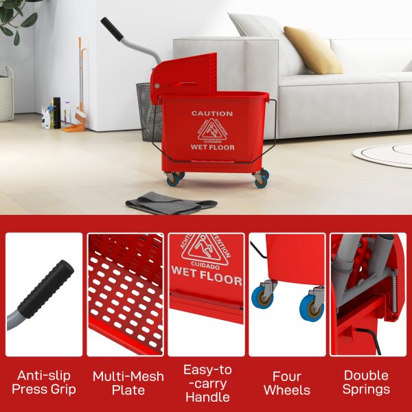 HOMCOM 20L Mop Bucket with Wringer Handle on Wheels for Floor Cleaning Red - Image 8