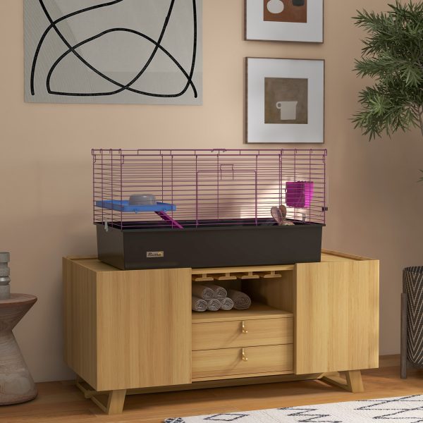 PawHut Small Animal Cage, Rabbit Guinea Pig Hutch, Pet Playhouse, Black - Image 2