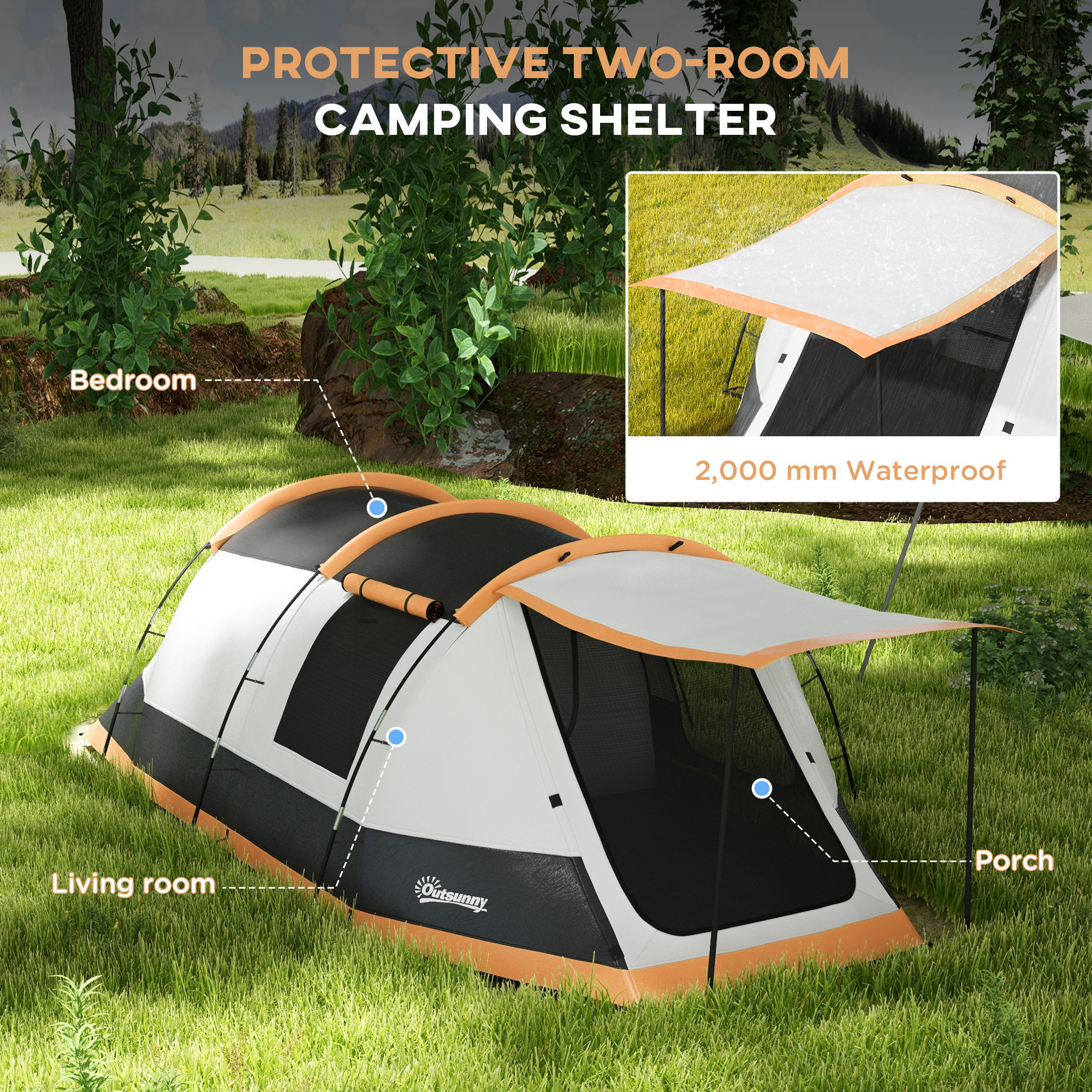 Outsunny Tunnel Tent with Bedroom, Living Room and Porch for 3-4 Man, Orange - Image 3