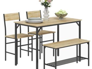 HOMCOM Dining Table and Chairs Set of 4 with 2 Chairs Bench for Kitchen Natural