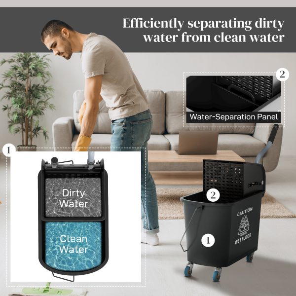 HOMCOM 20L Mop Bucket with Wringer Handle on Wheels for Floor Cleaning Black - Image 5