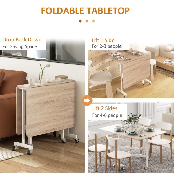 HOMCOM Drop Leaf Table with Wheels Folding Dining Table for Small Spaces, Nature - Image 5
