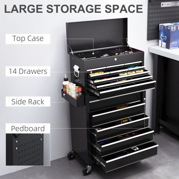 HOMCOM Rolling Tool Chest Lockable Roller Cabinet with with 14 Drawers Black - Image 4