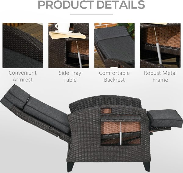 Outsunny Outdoor Recliner Chair with Cushion Rattan Reclining Lounge Chair, Grey - Image 4