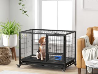 PawHut 43" Heavy Duty Dog Crate on Wheels w/ Bowl Holder, Removable Tray