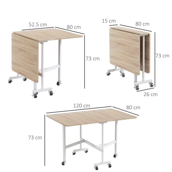 HOMCOM Drop Leaf Table with Wheels Folding Dining Table for Small Spaces, Nature - Image 3