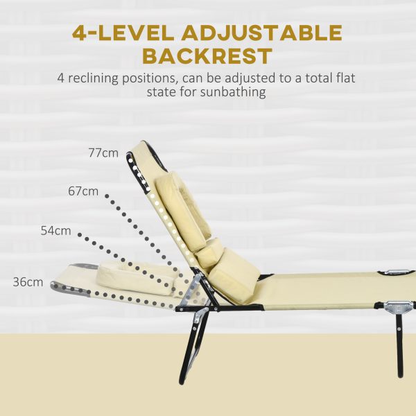Outsunny Folding Sun Lounger Set of 2 Reclining Chair with Reading Hole Beige - Image 2