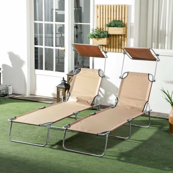 Outsunny Folding Sun Lounger Set of 2 with Sunshade Adjustable Backrest Brown - Image 2