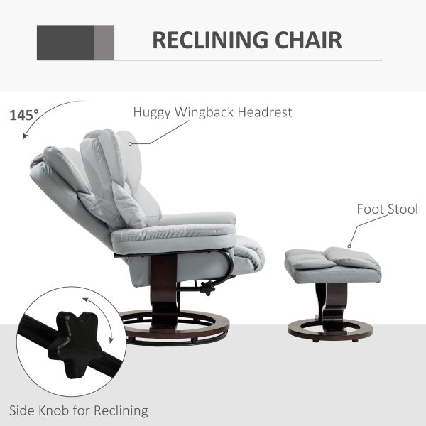 HOMCOM PU Leather Manual Reclining Armchair Footstool Padded Seat Light Grey - Image 3