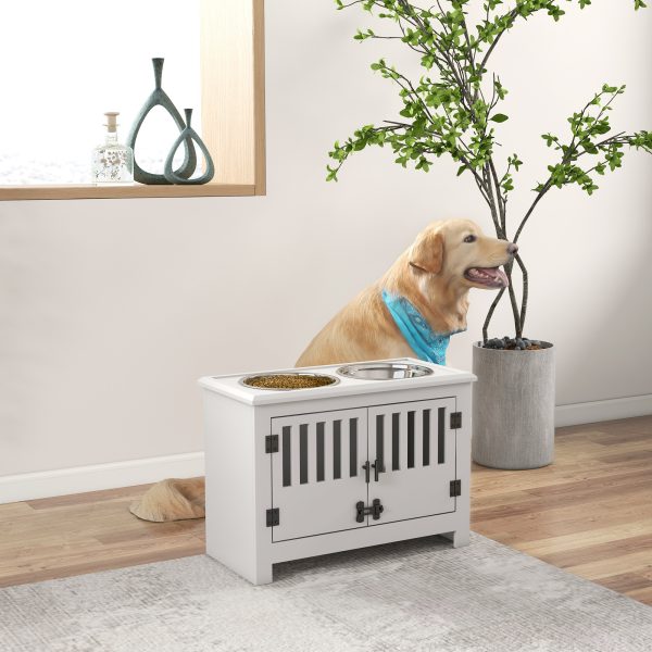 PawHut Raised Dog Bowls for Large Dogs Feeding Station w/ Stand, Storage - White - Image 2