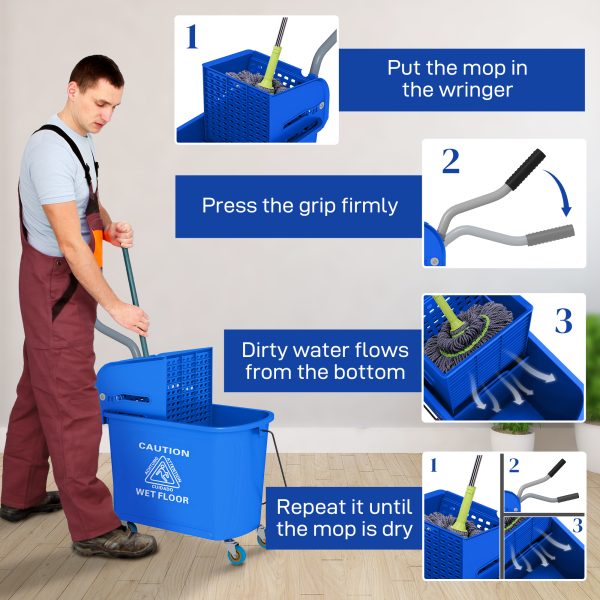 HOMCOM 20L Mop Bucket with Wringer Handle on Wheels for Floor Cleaning Blue - Image 6