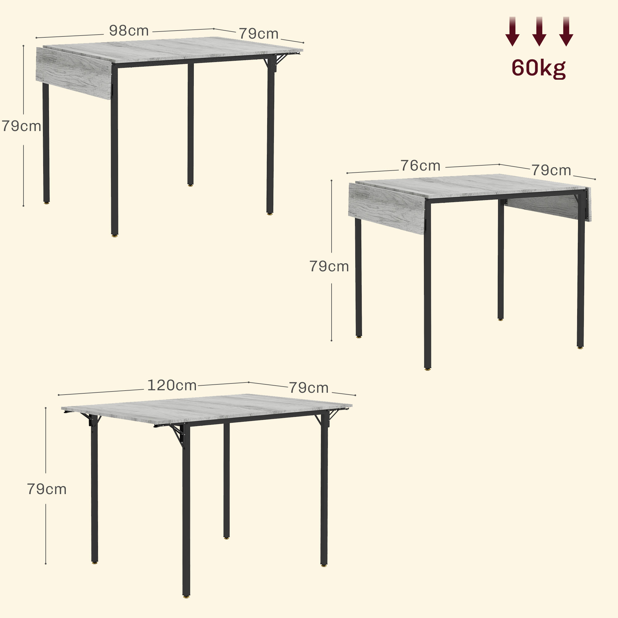 HOMCOM Folding Dining Table, Drop Leaf Table for 2-4 People, Grey - Image 5