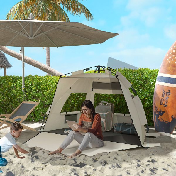 Outsunny Pop Up Beach Tent for 2-3 Person with Carry Bag, UPF15+, Khaki - Image 2