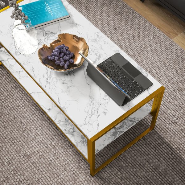 HOMCOM Two-Tier Coffee Table with Marble Effect Shelf and Metal Frame White - Image 8