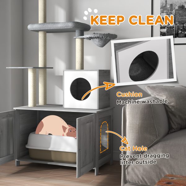 PawHut 2 in 1 Hidden Litter Box with Floor to Ceiling Cat Tree, Indoor, Grey - Image 5