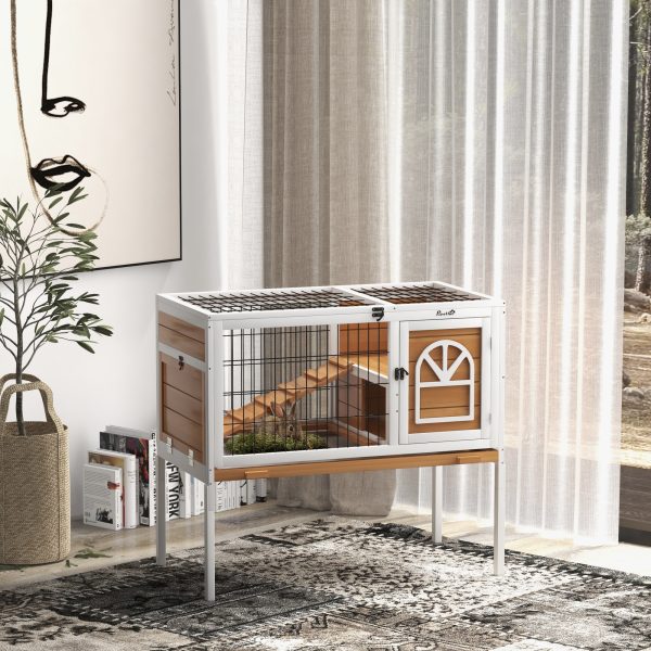 PawHut Wooden Rabbit Hutch, Elevated Guinea Pig Cage w/ Openable Roof, Yellow - Image 8