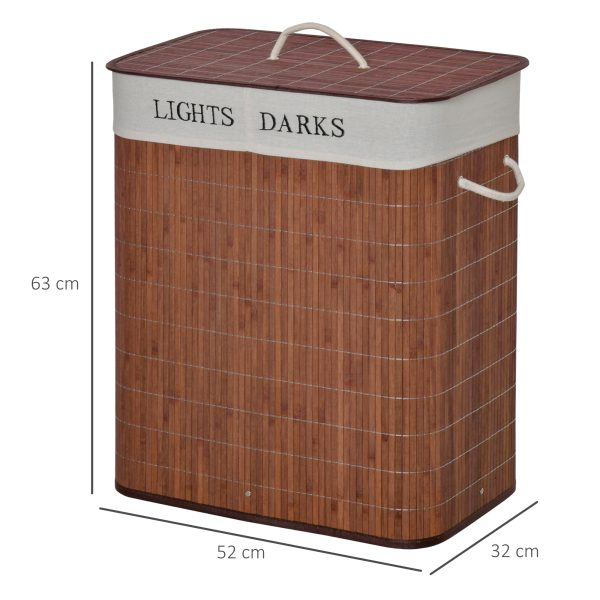 HOMCOM 2 Section Collapsible Laundry Hamper Lid Removable Lining, Brown - Image 3