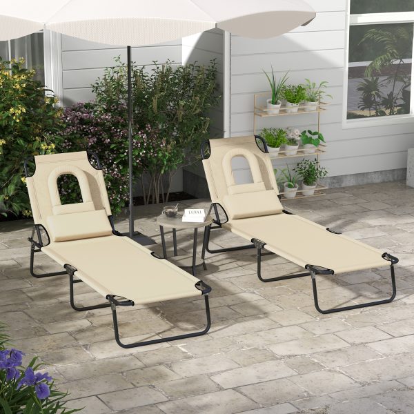 Outsunny Folding Sun Lounger Set of 2 Reclining Chair with Reading Hole Sand - Image 5