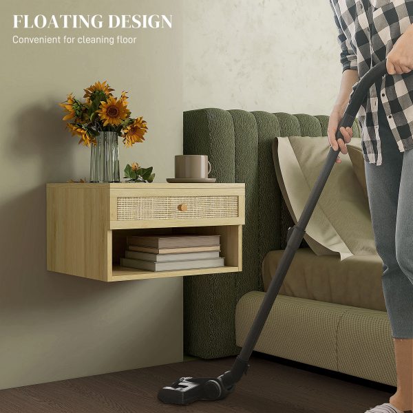 Floating Nightstands Set of 2 with Rattan Drawer and Storage Shelf for Bedroom - Image 2