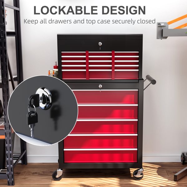 HOMCOM Rolling Tool Chest Lockable Roller Cabinet with with 14 Drawers Red - Image 6
