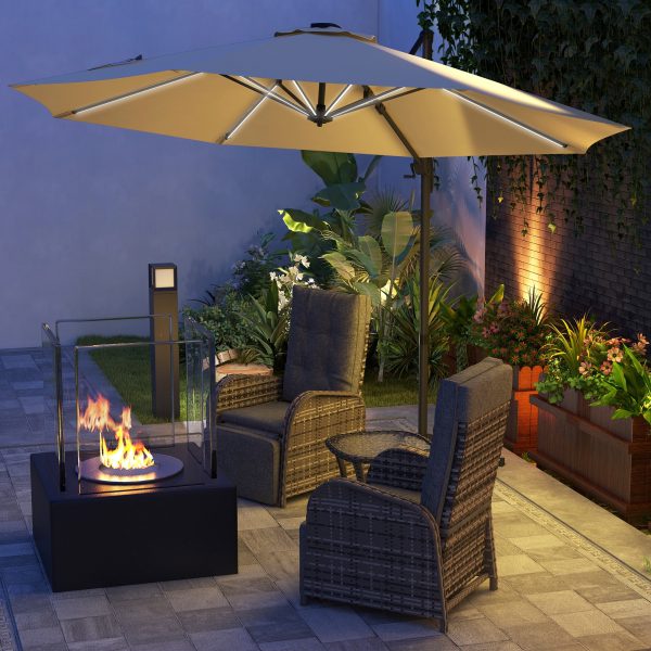 Outsunny 3(m) Solar LED Cantilever Parasol Adjustable Garden Umbrella Khaki - Image 2