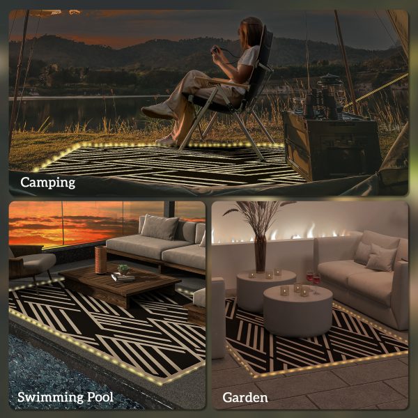 Outsunny Reversible Outdoor Rug with LED String Lights, Black and Coffee - Image 6