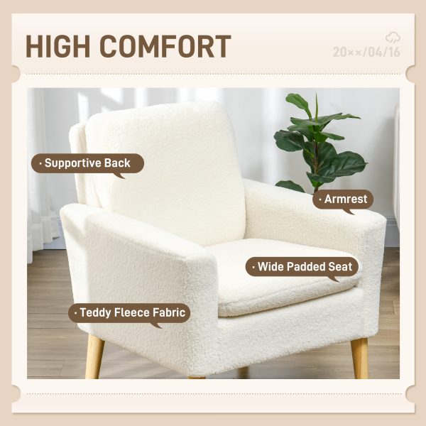 HOMCOM Modern Accent Chair with Wood Legs, Wide Seat, Teddy Armchair, Cream - Image 4